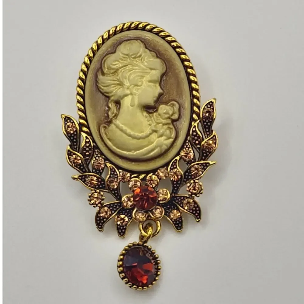 Beige Cameo Dangle Brooch Faux Jewel and Rhinestone Elegant